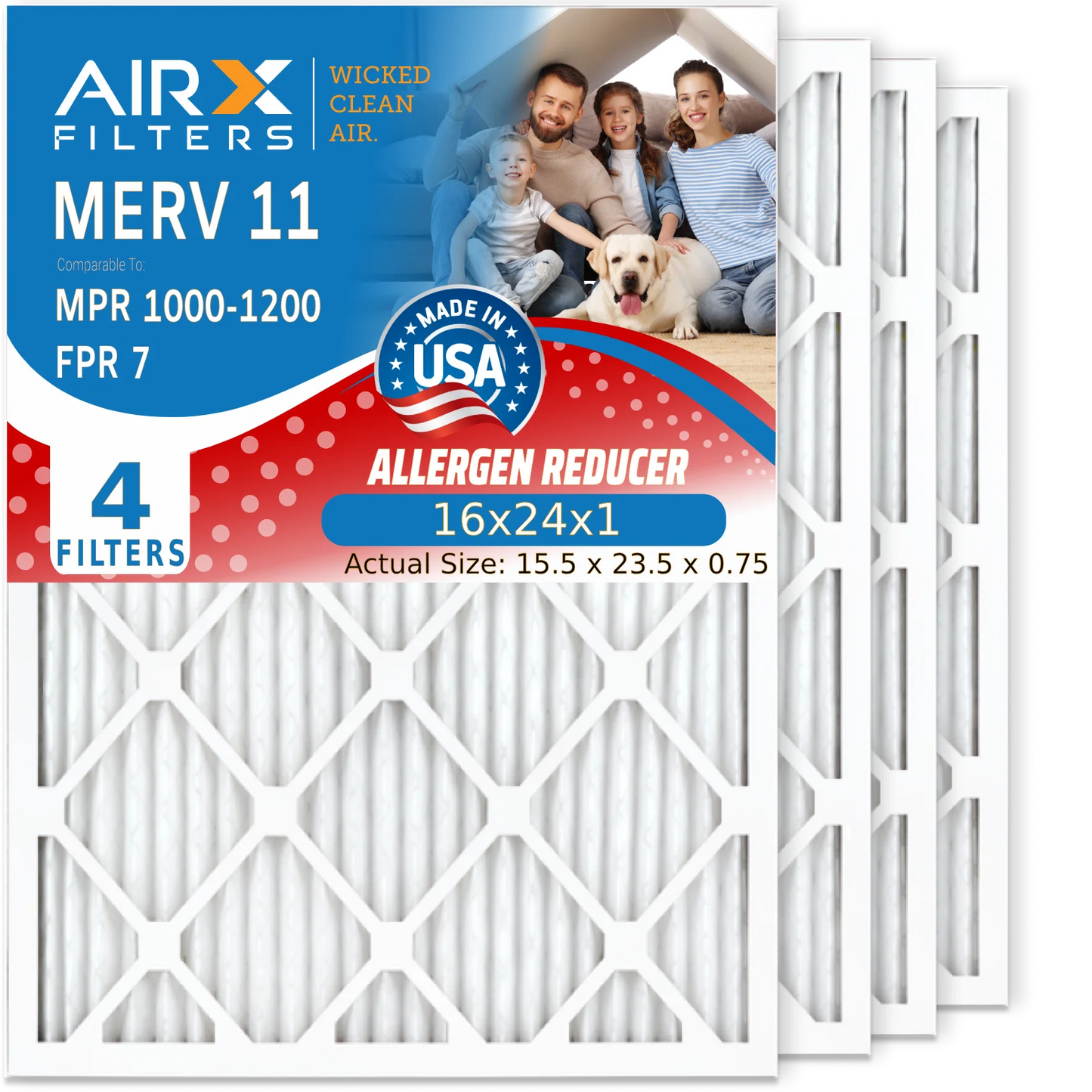 16x24x1 Air Filter MERV 11 Comparable to MPR 1000, MPR 1200 & FPR 7 Electrostatic Pleated Air Conditioner Filter 4 Pack HVAC Premium USizeA Made 16x24x1 Furnace Filters by AIRX FILTERSize WICKED CLEAN AIR.