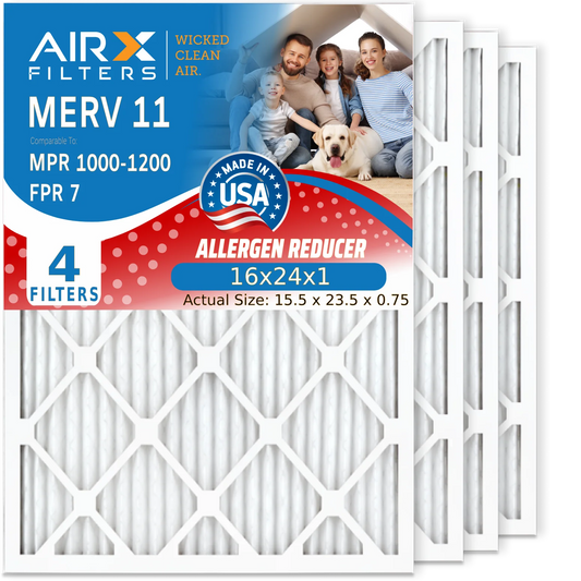 16x24x1 Air Filter MERV 11 Comparable to MPR 1000, MPR 1200 & FPR 7 Electrostatic Pleated Air Conditioner Filter 4 Pack HVAC Premium USizeA Made 16x24x1 Furnace Filters by AIRX FILTERSize WICKED CLEAN AIR.