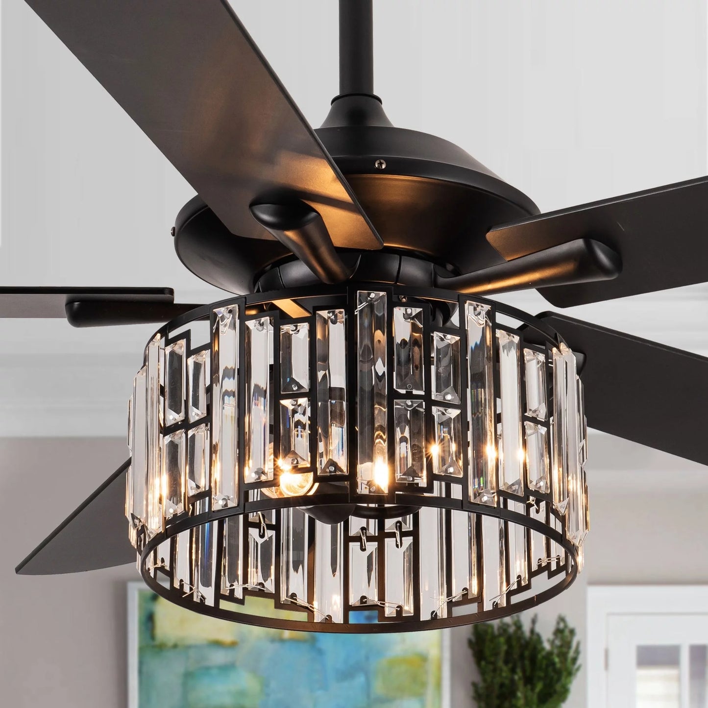 Parrot Uncle 52" Matte Black Wood 5-Blade Crystal Ceiling Fan with Remote