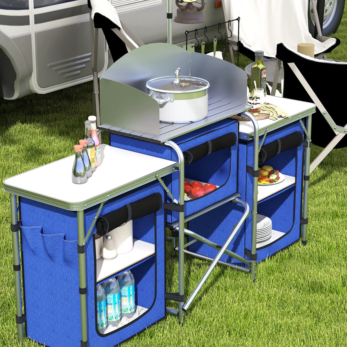 Outsunny Folding Camping Kitchen with Windshield Fabric Cupboards Blue