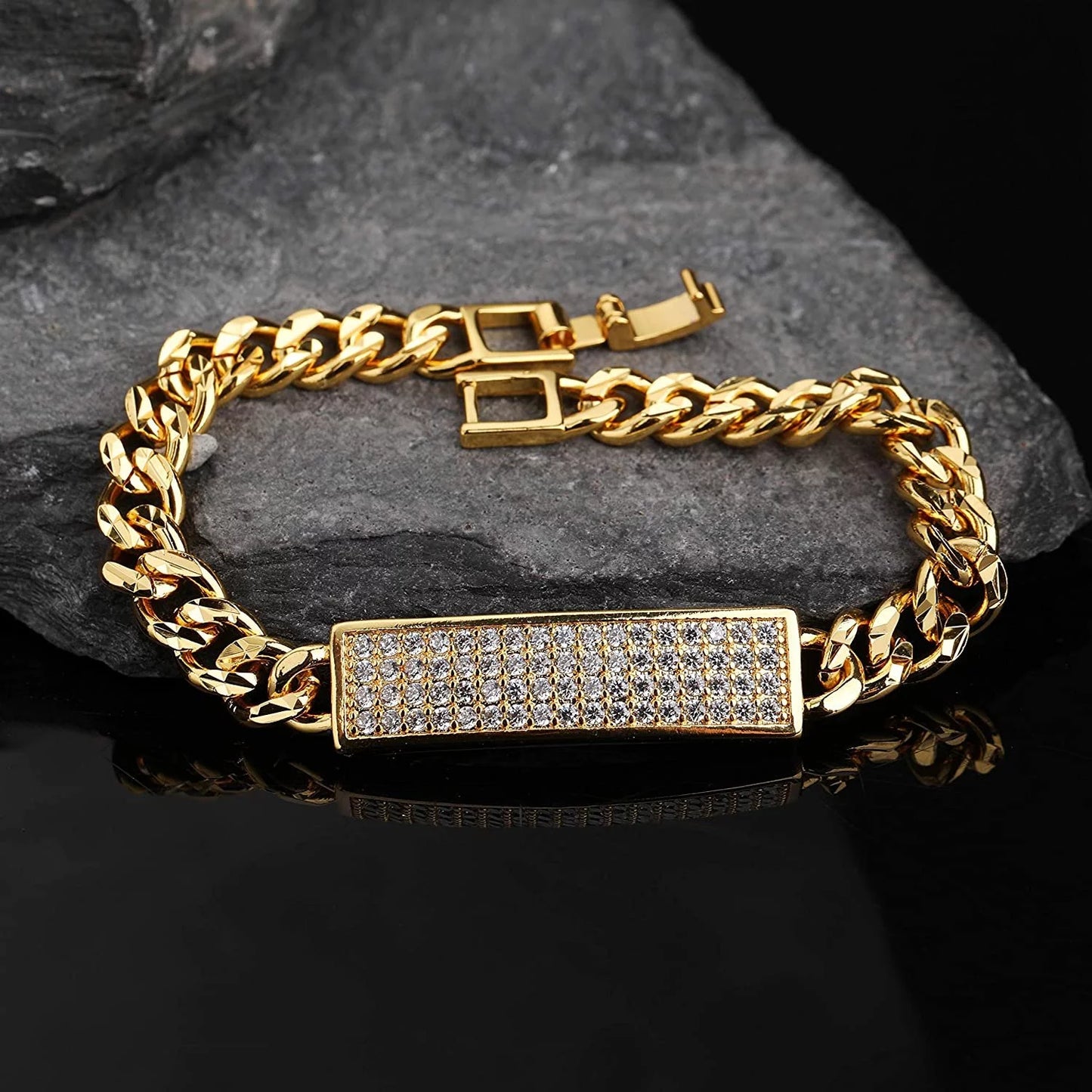 Giorgio Bergamo Gold Plated Trendy Cuban, Curb Link Micro Pave Cubic Zirconia ID Bracelet