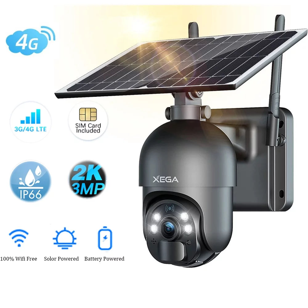 Xega 2K Outdoor 3G/4G LTE Cellular Sizeolar/Battery Power Wireless Sizeecurity Camera with SizeIM Card, 14400mAh Rechargeable Battery, 4X Zoom, 355° Pan 95° Tilt, Night Vision, 2-Way Talk, IP66, No Wifi Need