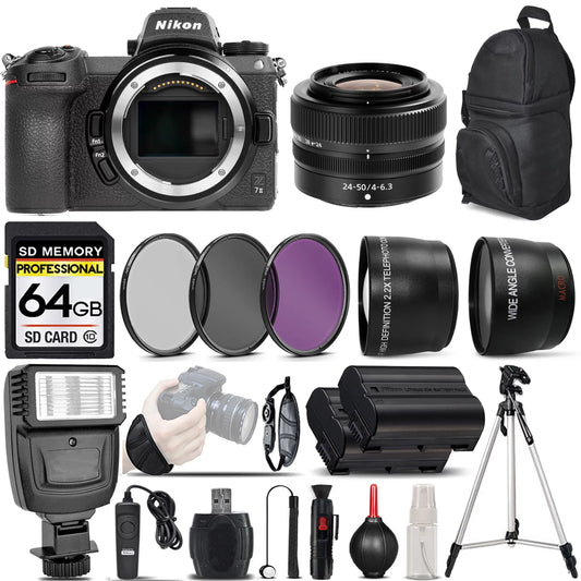 Nikon Z7 II Mirrorless Digital Camera with 24-50mm f/4-6.3 Lens + 0.43X Wide Angle Lens + 2.2x Telephoto Lens + Flash + 64GB Memory Card + UV-CPL-FLD Filters + Remote Control + Wrist Grip - Internatio