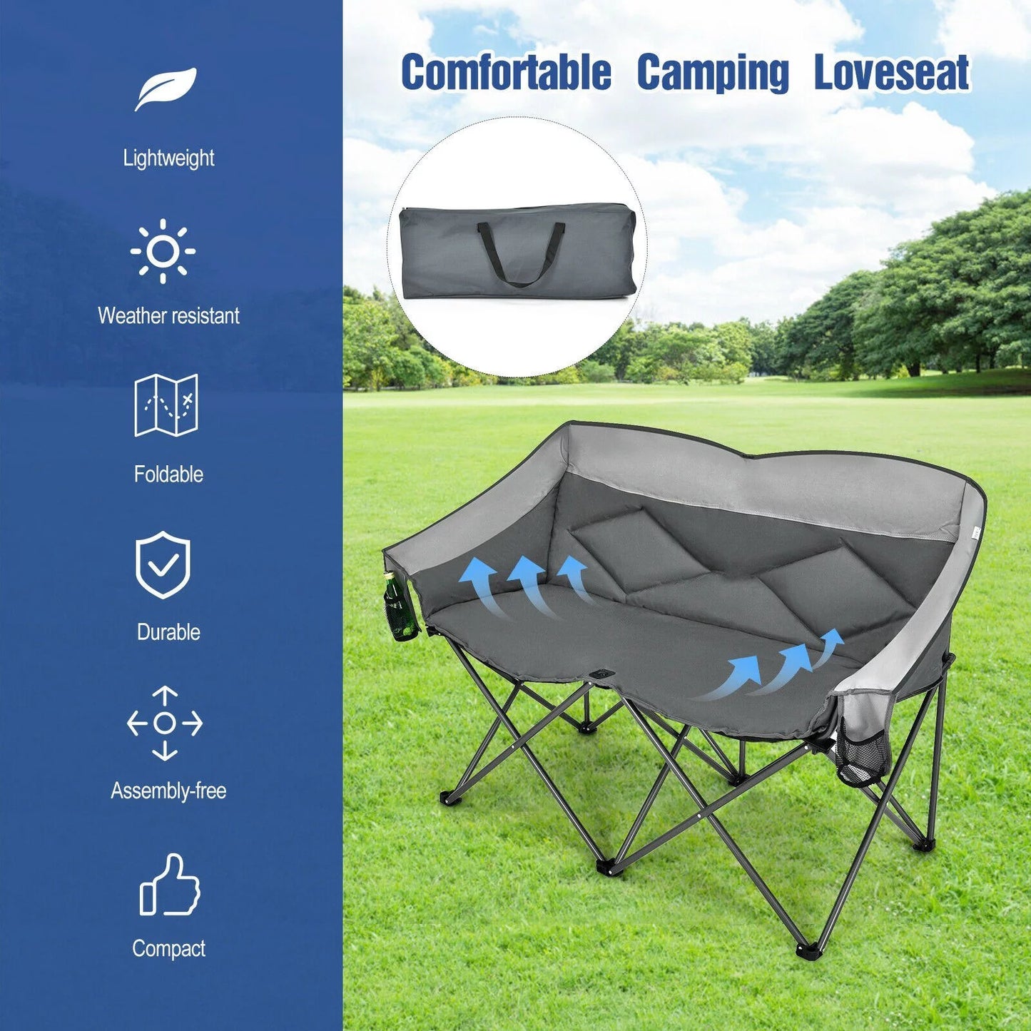 2-Person High Load Capacity Camping Chair - 1 Camping loveseat chair with a carrying bag - 17.5 - Experience comfort outdoors with our sturdy folding chair