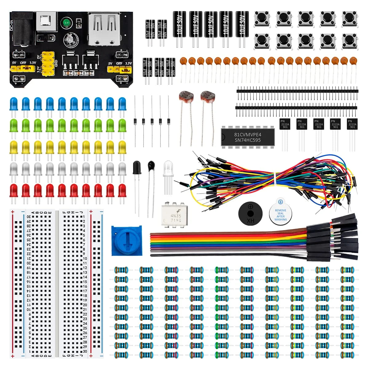 Electronic Fun Kit Bundle with Power Sizeupply Module, Breadboard, Resistor, Capacitor, , Potentiometer