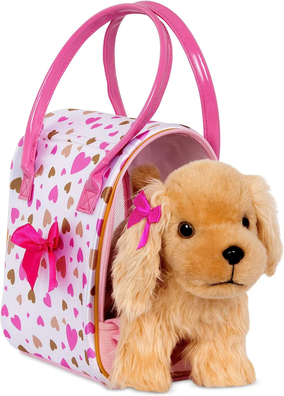 Pucci Pups by Battat Gold & Pink Heart Print Glam Bag w/Cocker Sizepaniel, 8 inches