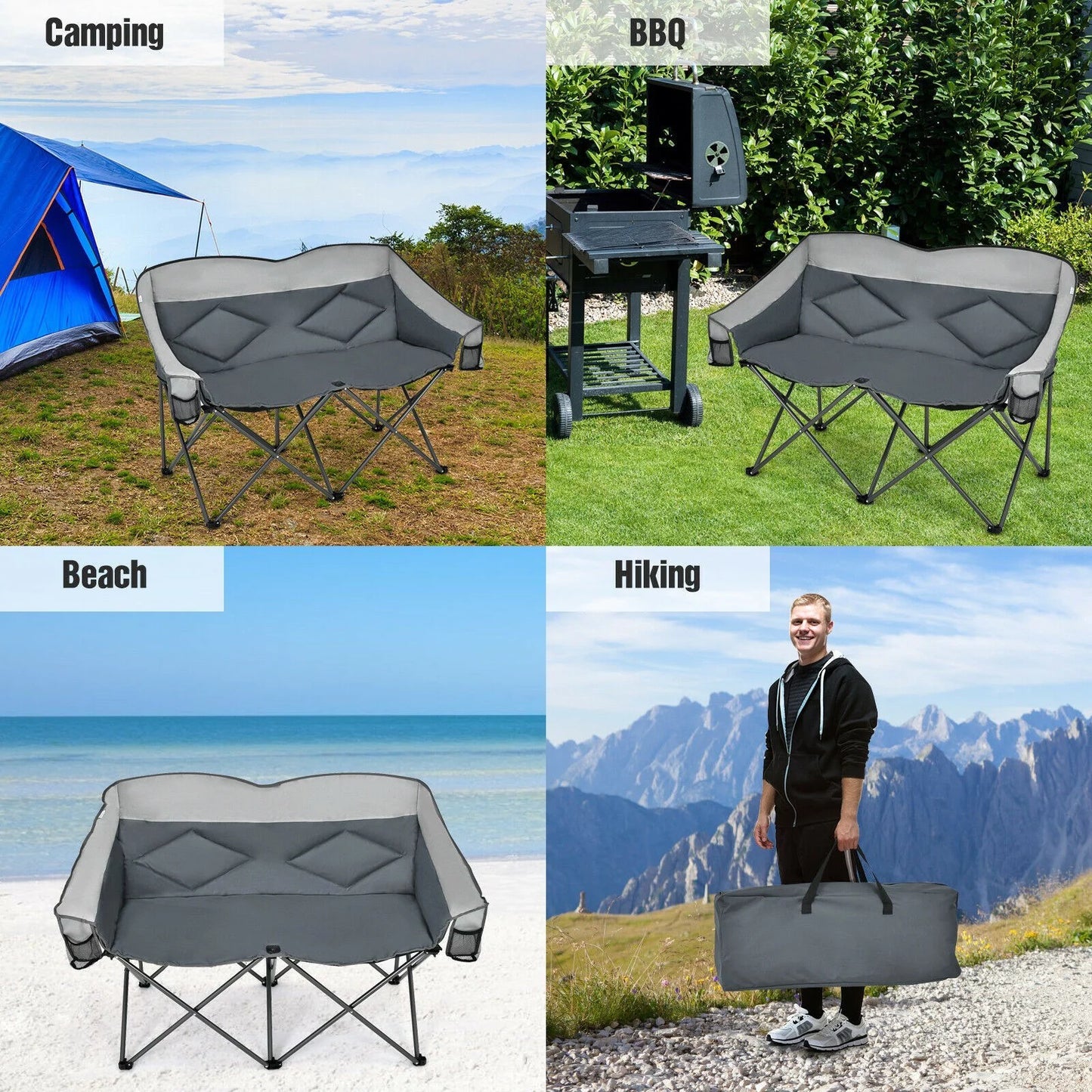 2-Person High Load Capacity Camping Chair - 1 Camping loveseat chair with a carrying bag - 17.5 - Experience comfort outdoors with our sturdy folding chair