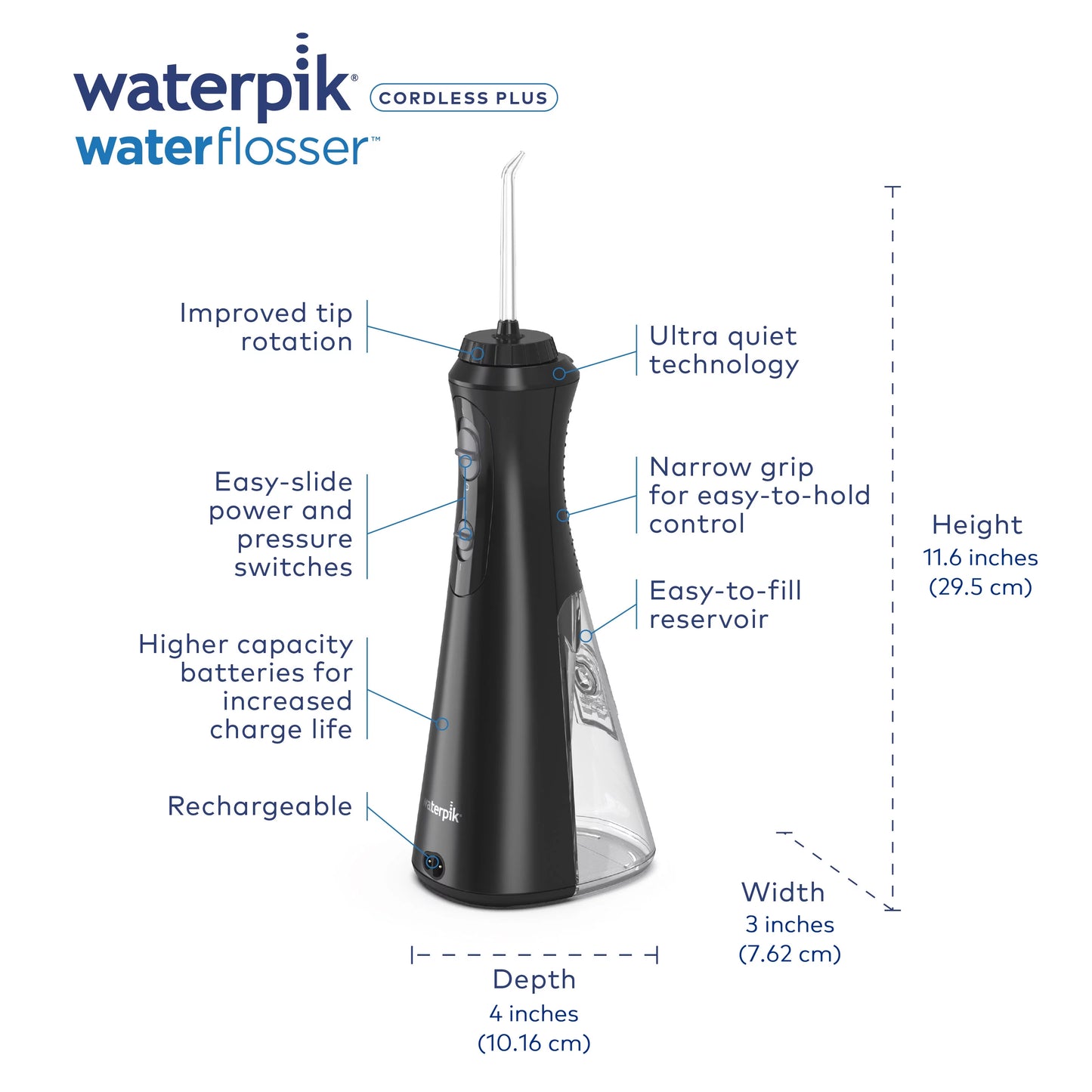 Waterpik Cordless Plus Portable Water Flosser Oral Irrigator, Black