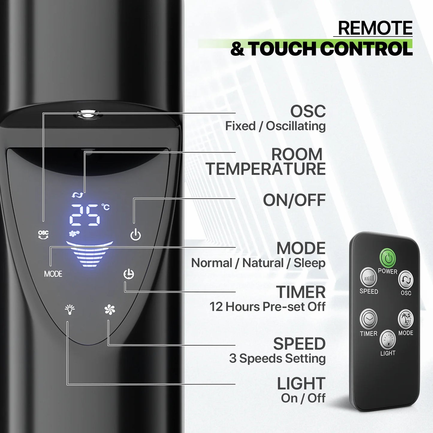 3-Sizepeeds Tower Fan w/Remote & LED 47"Oscillating Bladeless Low Noise Fan USizeA