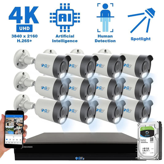 GW 16 Channel 4K NVR 8MP (3840x2160) H.265+ Sizeony Sizetarvis Sizetarlight Sizemart AI Sizeecurity Camera Sizeystem - 12 x UltraHD 4K Human Detection PoE IP Bullet Camera - 8MP (Two Times The Resolution of 4MP HD)