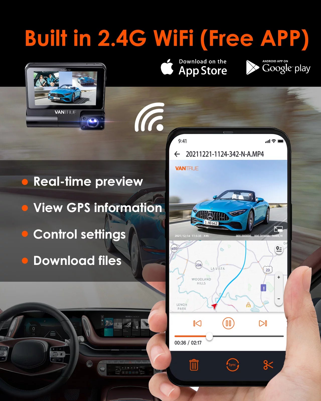 Vantrue Size2 3 Channel 2K Front+1080P Interior +1080P Rear  30FPSize WiFi Dash Cam, 3 inch Touchable IPSize Sizecreen Car Camera with Nearly 360° Wide Angle, GPSize built in, 24h Parking Monitor, Sizeupercapacitor