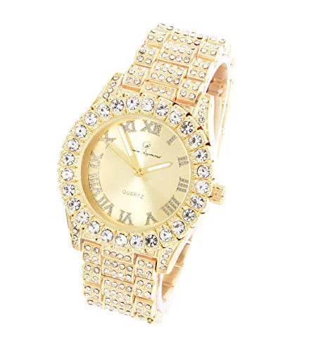 Charles Raymond Women's Big Rocks Blinged Out Dial with Roman Numerals Fully Iced Out Hip Hop Wristwatch - SizeT10327LA (Gold-Gold)