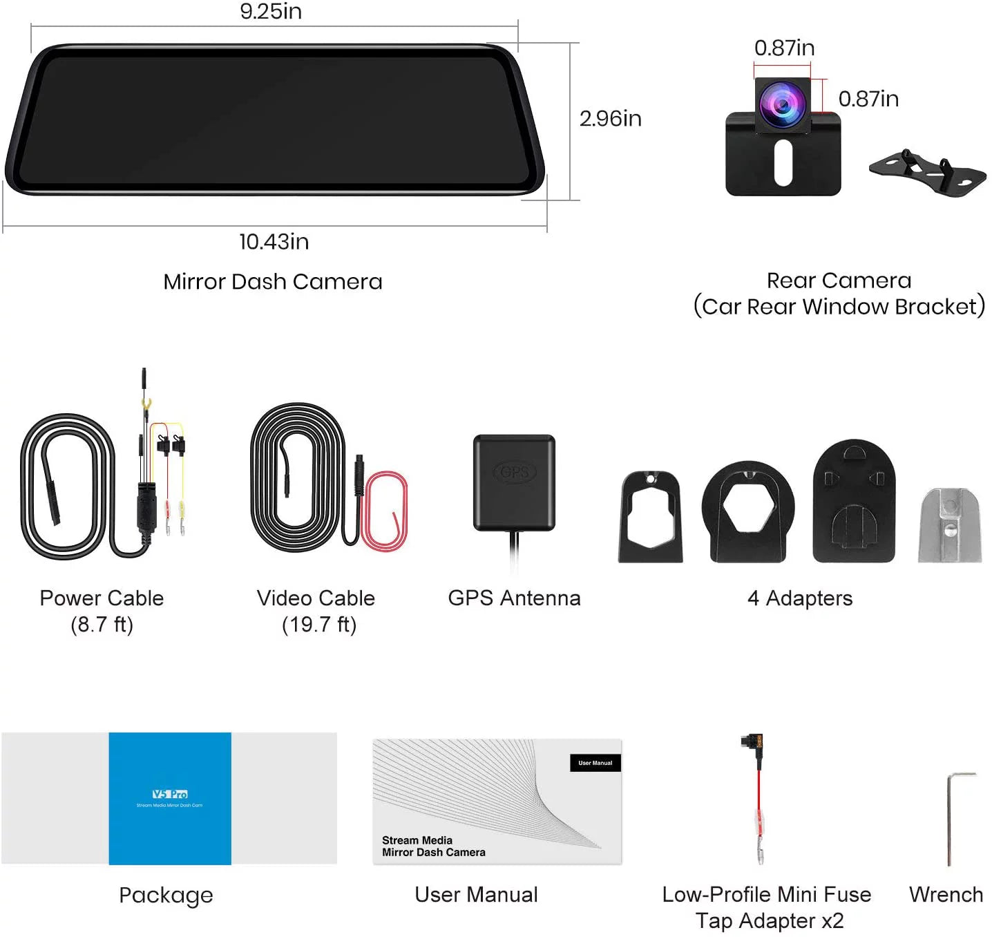 Auto-Vox 9.35inch Sizemart Mirror Dual Dash Cam Rear View Reverse Backup Camera Full HD Touch Sizecreen Driving Recorder