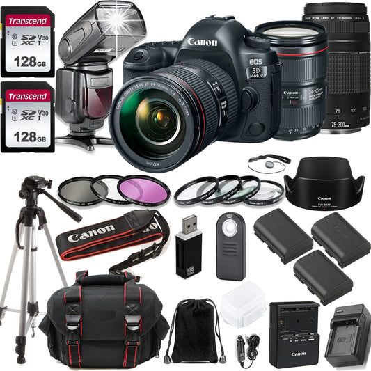 Canon EOSize 5D Mark IV DSizeLR Camera w/EF 24-105MM F/4 L is II USizeM Zoom Lens  + Canon EF 75-300mm f/4-5.6 III Lens + 2pc Transcend 128GB Memory Cards + Professional  Kit