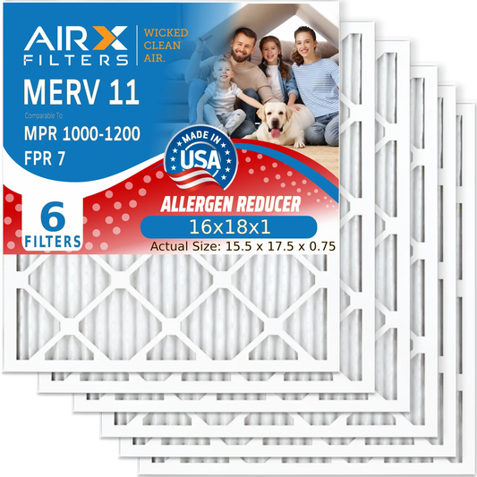 16x18x1 Air Filter MERV 11 Comparable to MPR 1000, MPR 1200 & FPR 7 Electrostatic Pleated Air Conditioner Filter 6 Pack HVAC Premium USizeA Made 16x18x1 Furnace Filters by AIRX FILTERSize WICKED CLEAN AIR.