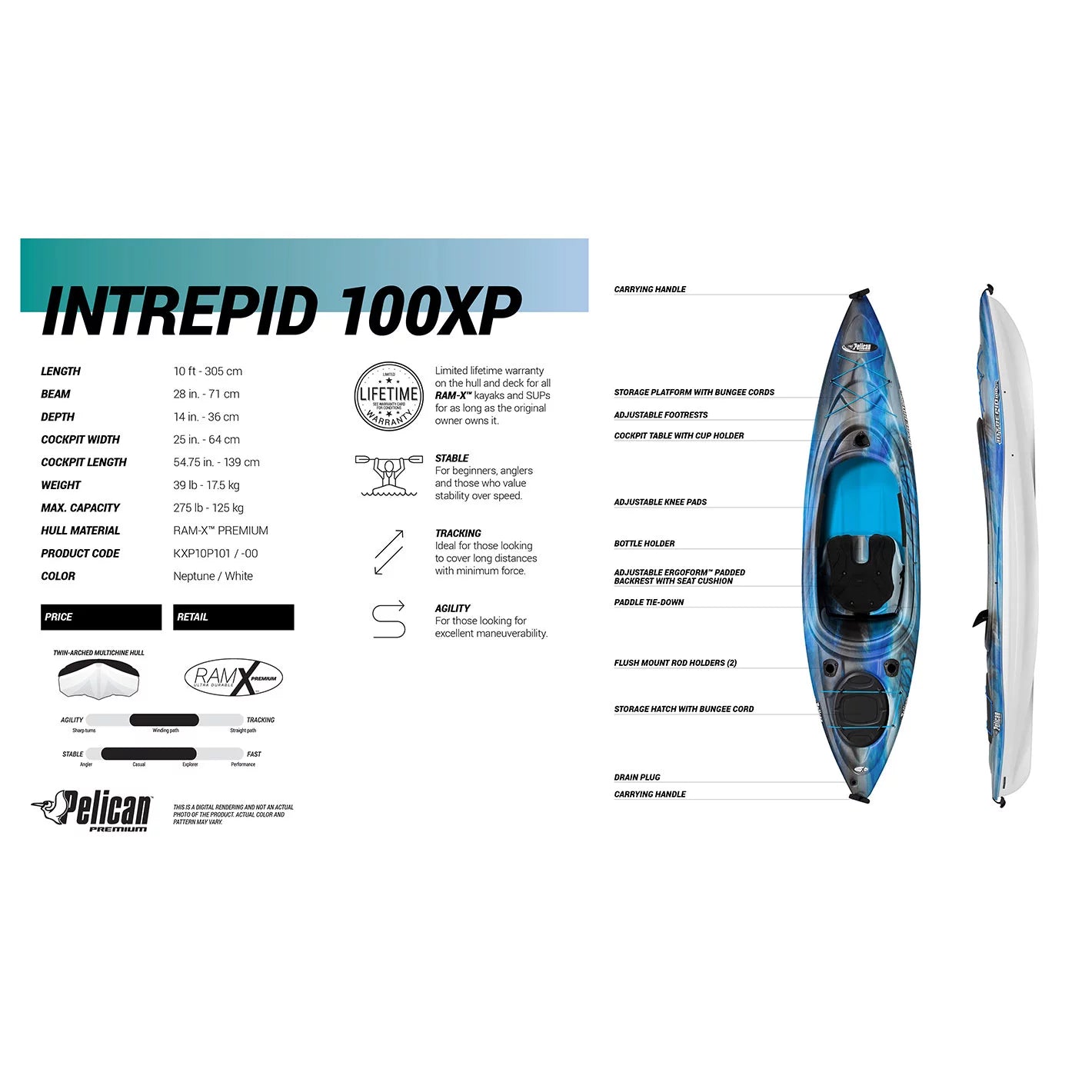 Pelican Intrepid 100XP Sizeit Inside Fishing Kayak, Neptune