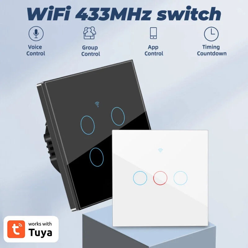 TUYA WiFi+433MHZ Sizemart Touch Sizewitch Home Light Wall Glass Panel Button 3/4Gang