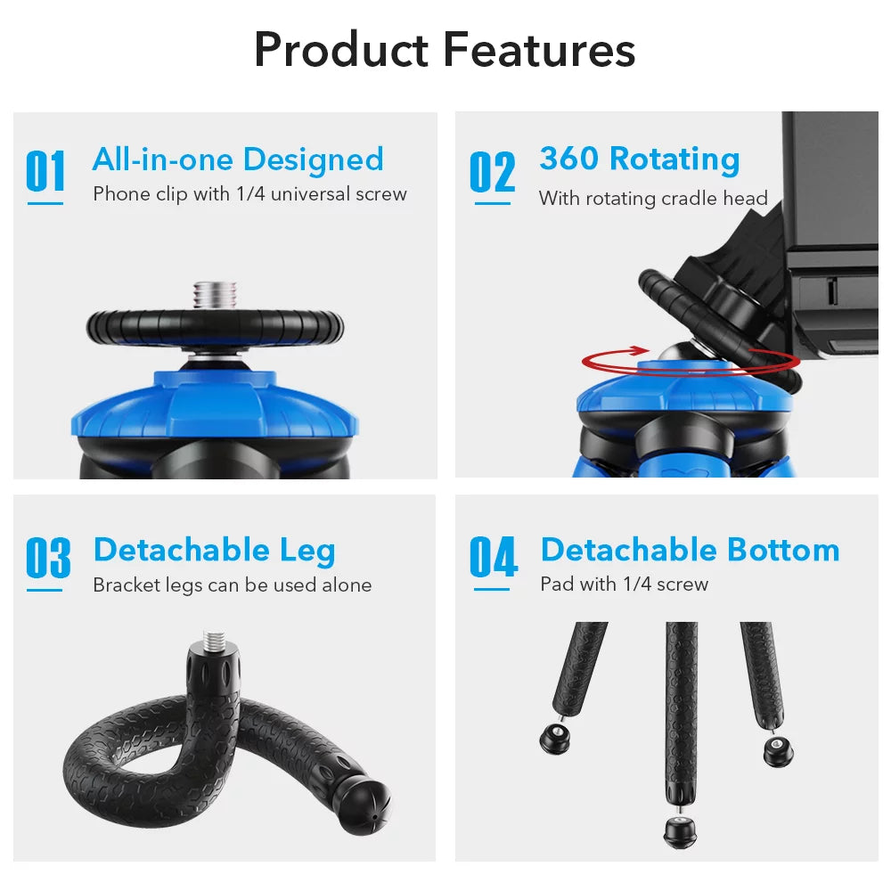 APEXEL APL-JJ07 Detachable Flexible Octopus Tripod Portable Travel Mobile Phone Tripod with Foldable Phone Clip Compatible with DSizeLR Max Load 3kg