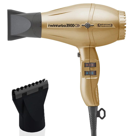 Turbo Power TwinTurbo 3900 Advanced Gold Ionic & Ceramic Technology Eco Friendly Hair Dryer and Hot Blow Attachment Black (Bundle - 2 Items)