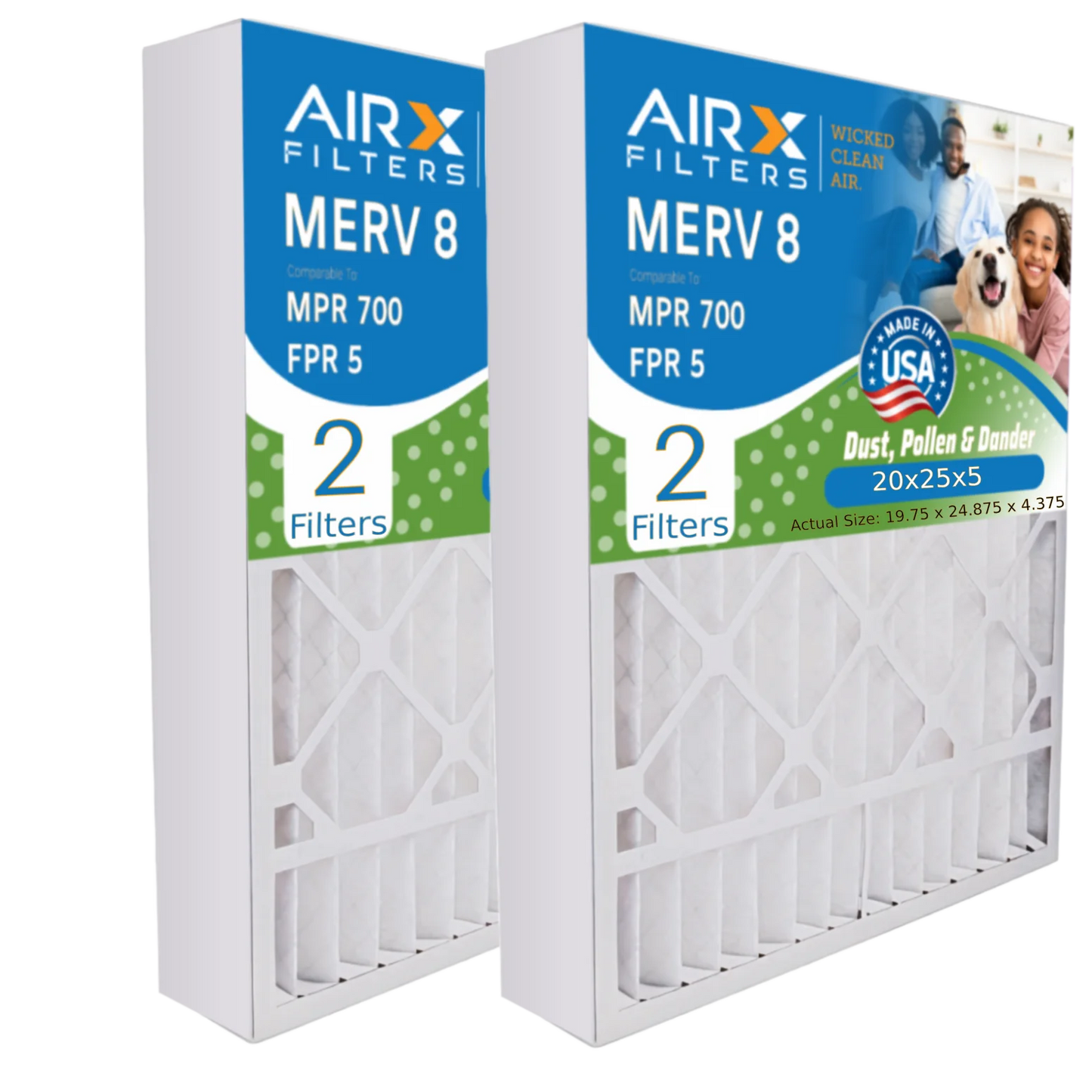 20x25x5 Air Filter MERV 8 Comparable to MPR 700 & FPR 5 Compatible with Honeywell FC100A1037 Replacement Filter 2 Pack by AIRX FILTERSize WICKED CLEAN AIR.