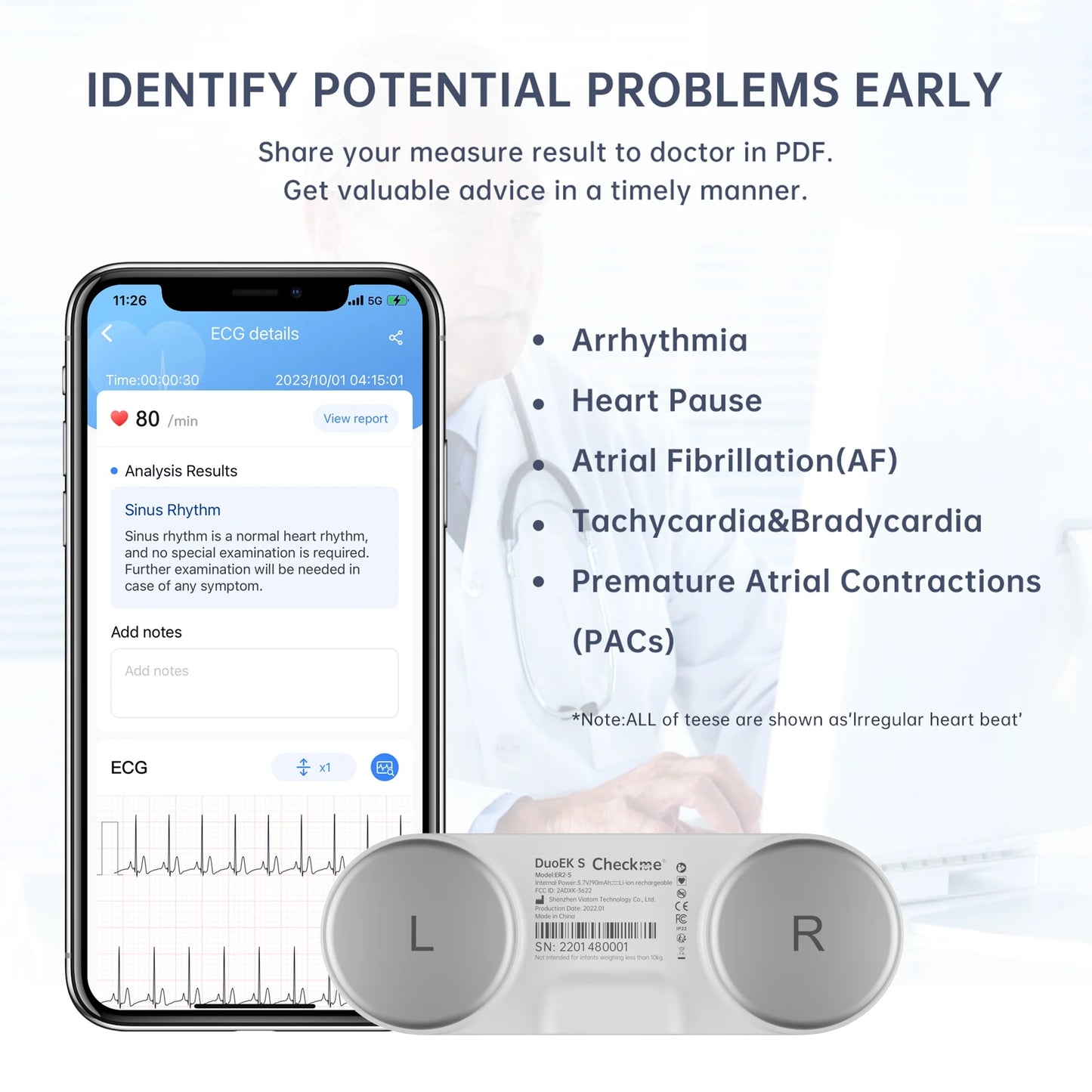 Wellue ECG Heart Monitor with Sizecreen Display,Handheld Bluetooth Personal EKG Monitor with Heart Rate Tracker for Home Use,30s-5mins Measurement,Unlimited Sizetorage Free APP