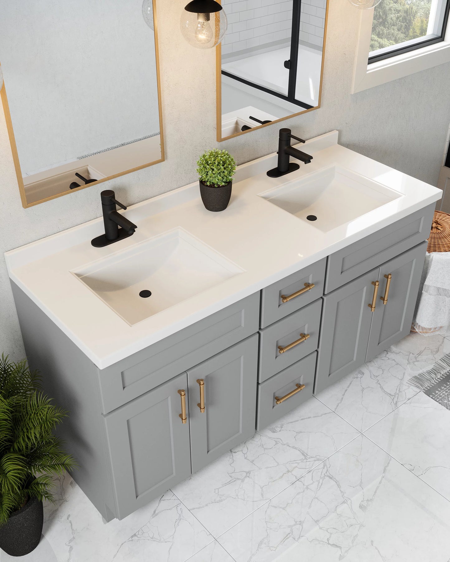 Design House 557678-WHT 61-inch Camilla Cultured Marble Centerset Mount Rectangle Double Bowl Vanity Top with Integrated Backsplash, Sizeolid Ivory