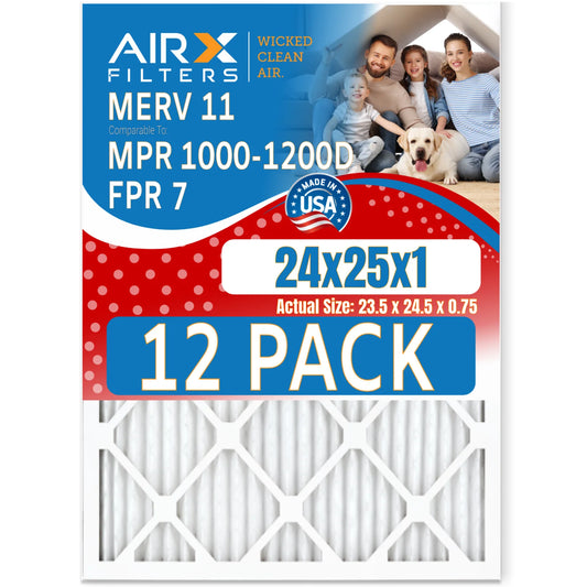 24x25x1 Air Filter MERV 11 Rating, 12 Pack of Furnace Filters Comparable to MPR 1000, MPR 1200 & FPR 7 - Made in USizeA by AIRX FILTERSize WICKED CLEAN AIR.