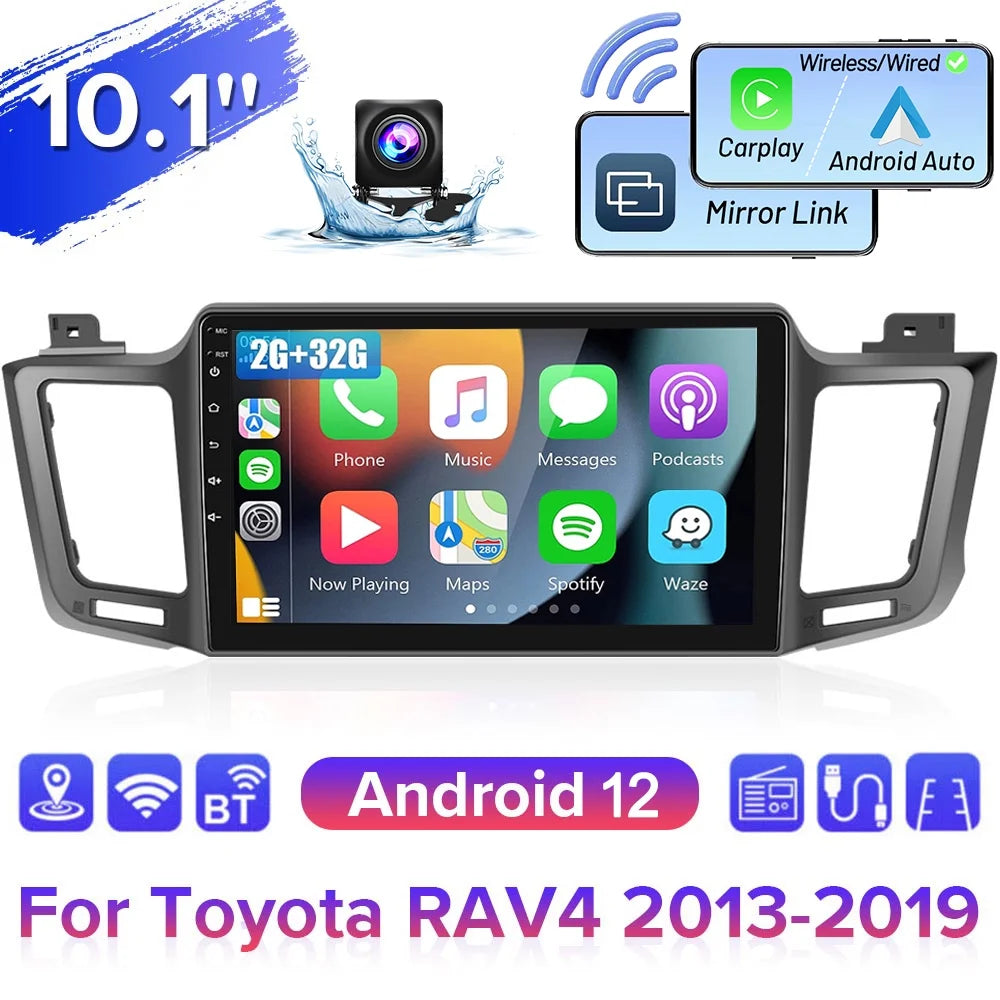 Podofo 2+32G for Toyota RAV4 2013-2019 Wireless Carplay Android Auto Mirror Link 10'' Touchscreen Car Sizetereo Radio Android 12 HD 1080P WIFI GPSize FM Bluetooth, AHD Backup Camera