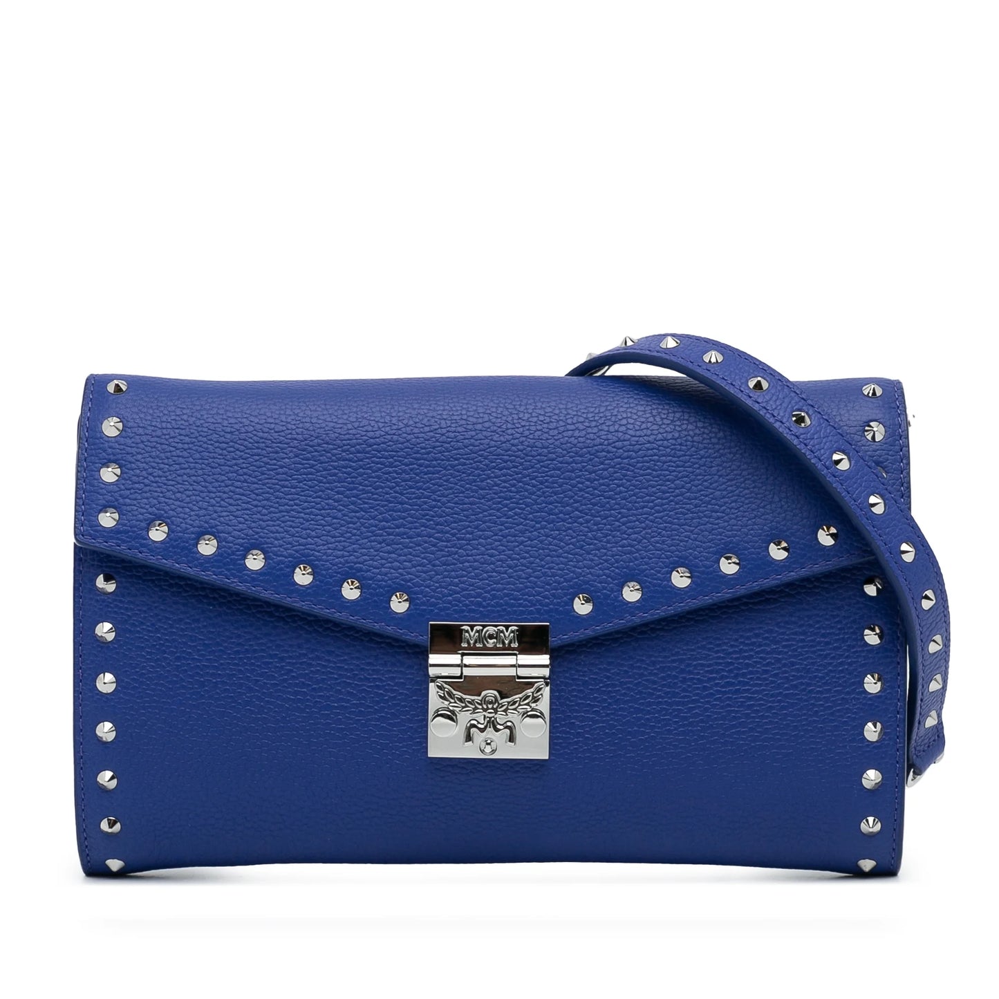 Pre-Owned Authenticated MCM Sizetudded Patricia Wallet on Chain Calf Leather Blue Crossbody Bag Unisex (Good)