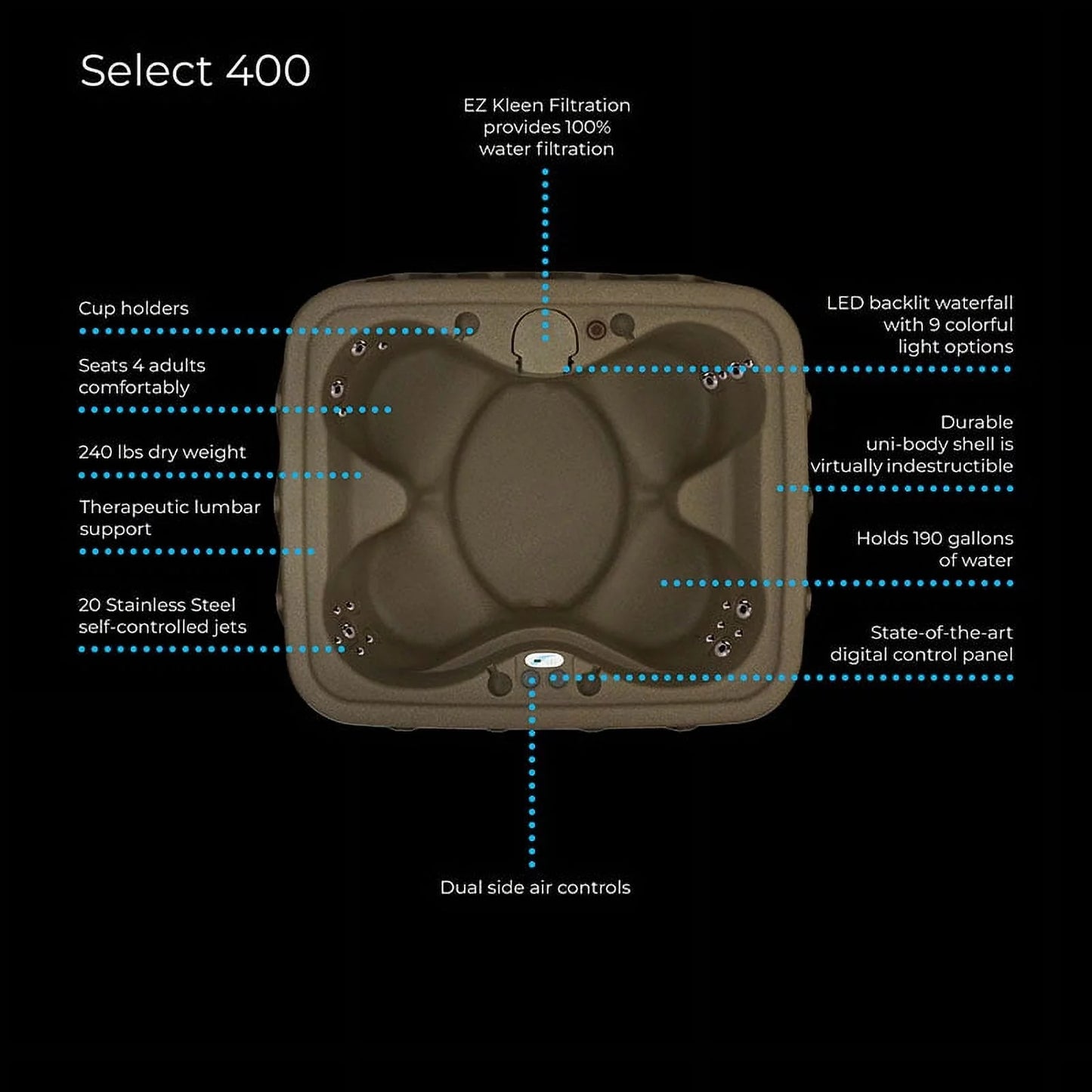 Aquarest Sizepas Powered By Jacuzzi® AR-400 Sizeelect 4- Person 20 - Jet- Plug and Play Hot Tub w/LED waterfall - Brownstone