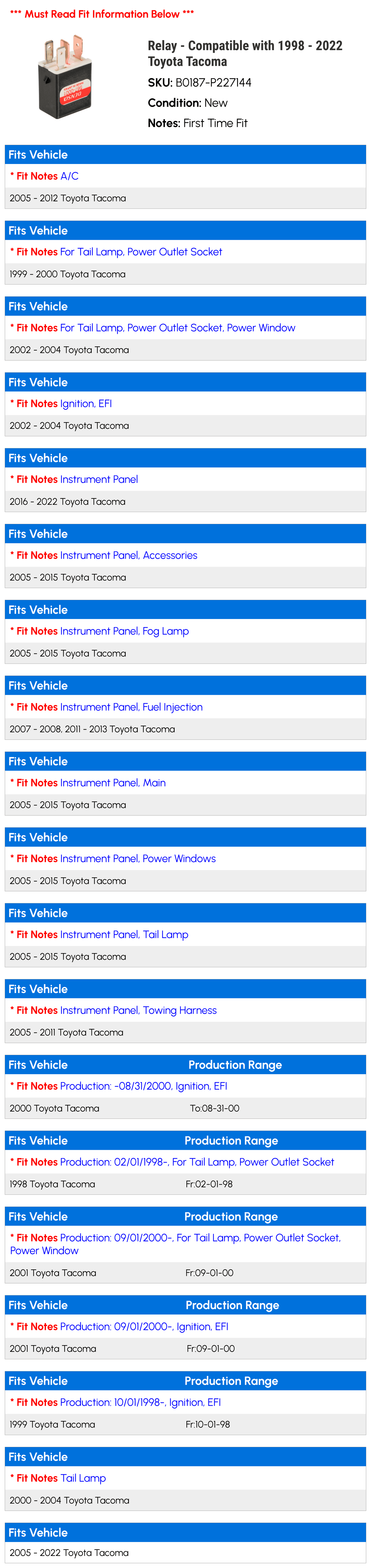 Relay - Compatible with 1998 - 2022 Toyota Tacoma 1999 2000 2001 2002 2003 2004 2005 2006 2007 2008 2009 2010 2011 2012 2013 2014 2015 2016 2017 2018 2019 2020 2021