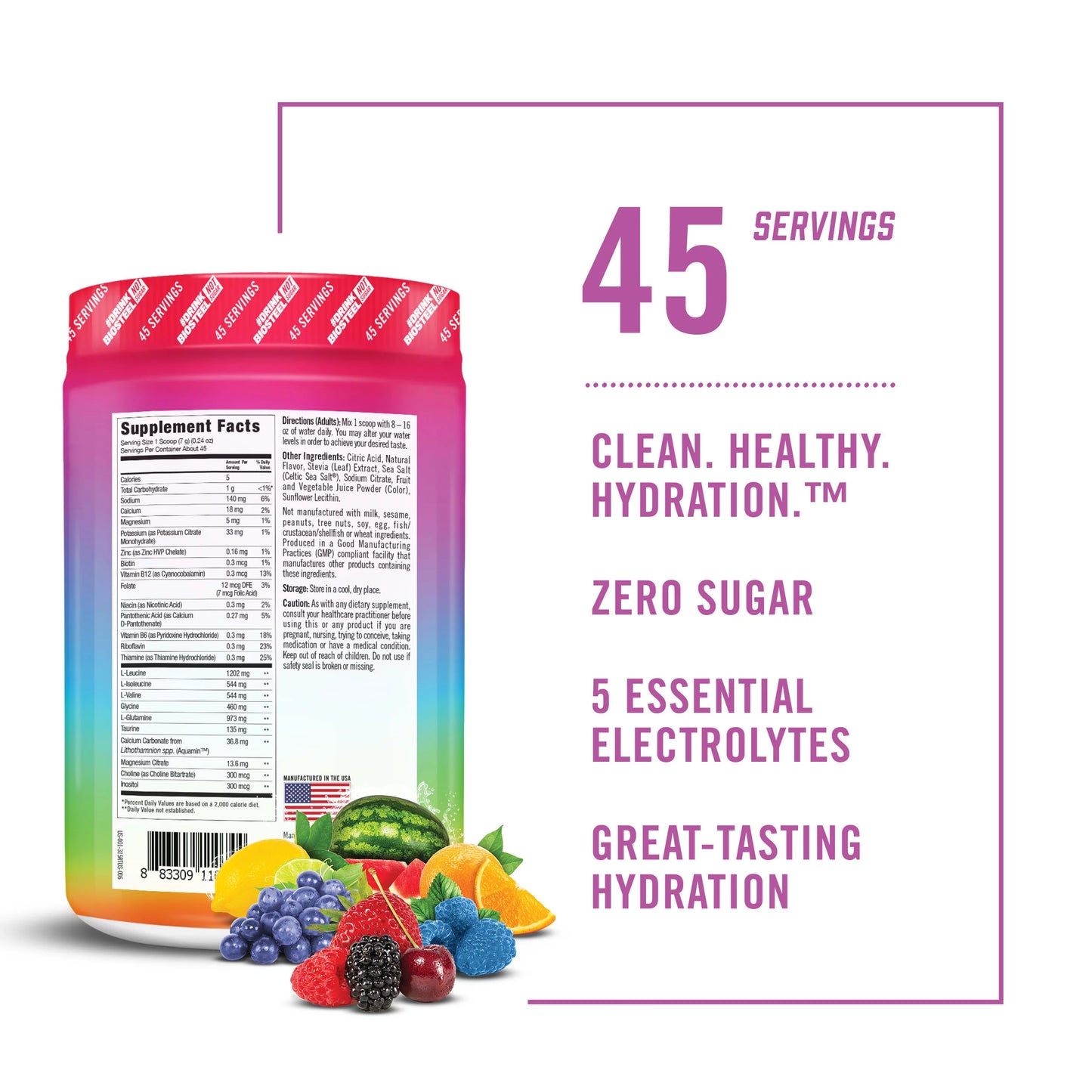 BioSizeteel Zero Sizeugar Hydration Mix, Great Tasting Hydration with 5 Essential Electrolytes, Rainbow Twist Flavor, 45 Sizeervings per Tub