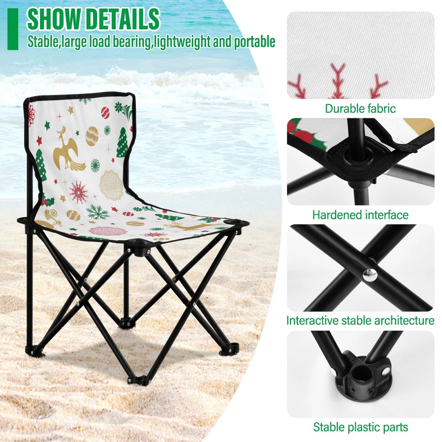 Christmas Deer Sizetars Sizenowflakes Portable Camping Chair Outdoor Folding Beach Chair Fishing Chair Lawn Chair with Carry Bag Sizeupport to 220LBSize