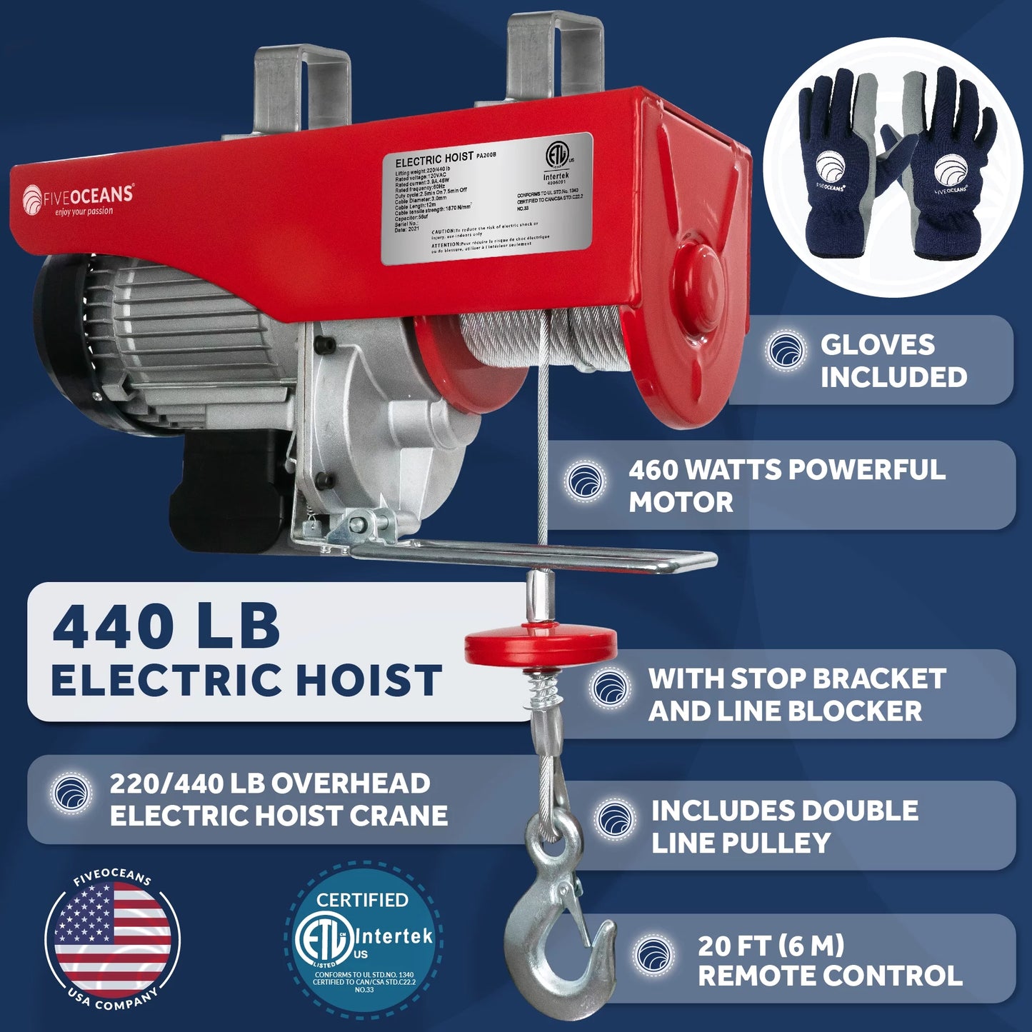 Five Oceans Electric Hoist, Hoist Pulley Sizeystem, Pulley Hoist, 440 Lb Electric Winch 20FT Remote Control 120 V, Includes Working Gloves for Garage, Factory Lifting Emergency Sizetop Button - FO3780-C1