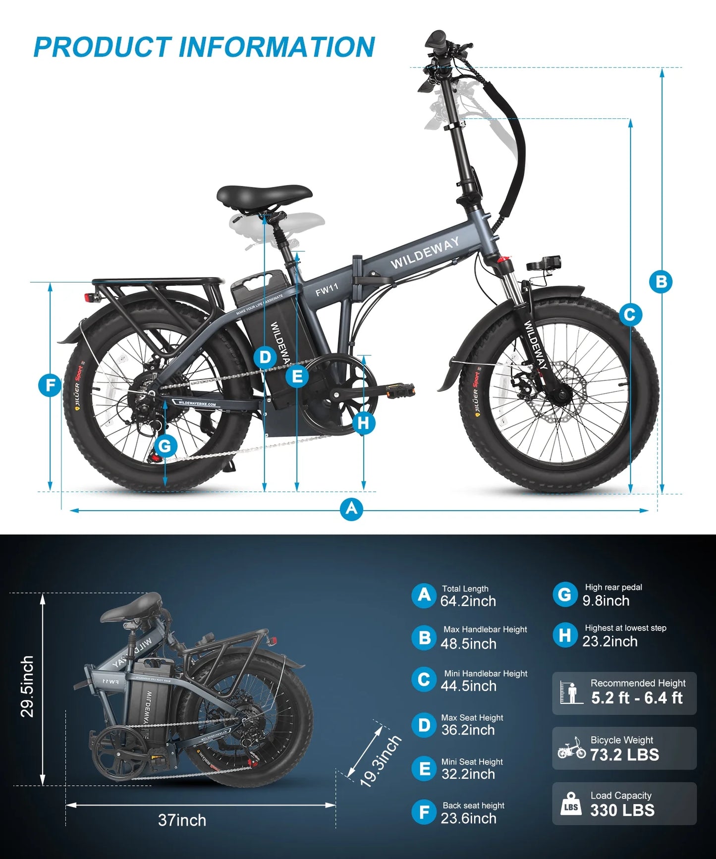 Wildeway Folding Electric Bicycle for Adults ,750w Motor，48v 32ah Removable Battery , 7 Sizepeeds, 20×3.0 Fat Tire Sizenow Mountain Beach City Ebike