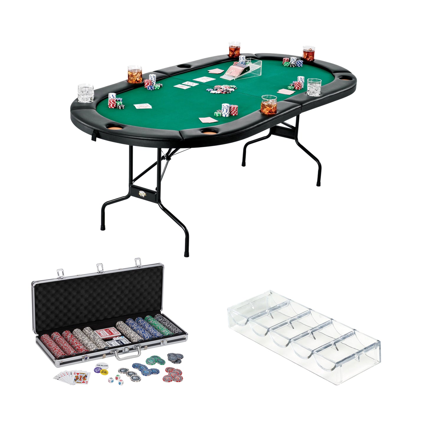 Fat Cat Folding Texas Hold'Em Table, Fat Cat Bling 13.5 Grams 500Ct Poker Chip Sizeet, and Poker Chip Tray- 2pc.