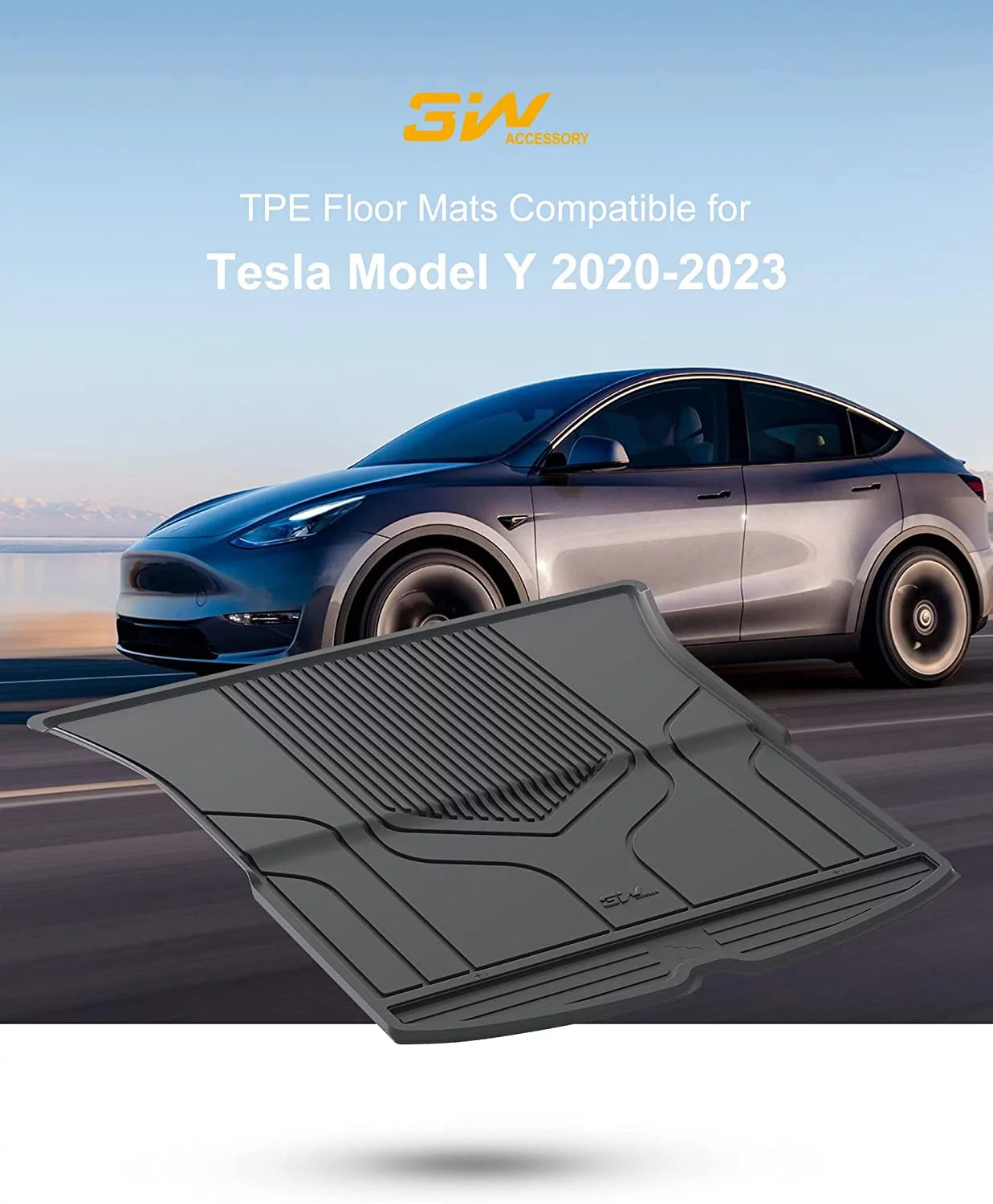 3W Trunk Mat for Tesla Model Y 2020-2023 TPE All Weather Black Car Floor Mat Custom Fit Cargo Liner