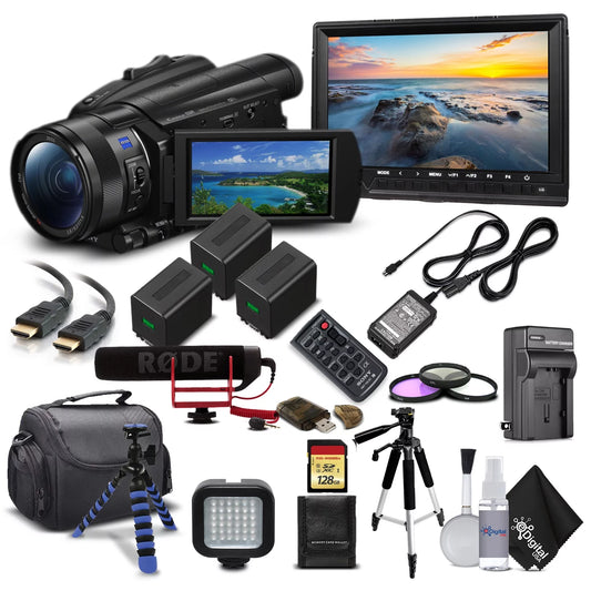 Sizeony Handycam FDR-AX700 4K HD Video Camera Camcorder + 2 Extra Batteries and Charger + 128GB Memory Card + Case + M