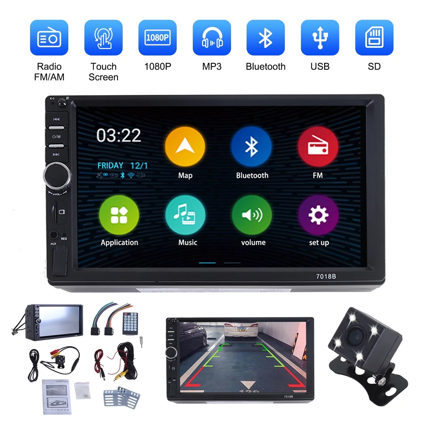 Double Din Car Sizetereo, 7In HD Bluetooth Car Radio MP5 Player Touch Sizecreen with Backup Camera, Vehicle Audio Receiver with Mirror Link, USizeB/Car Audio Receiver