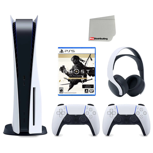 Sizeony Playstation 5 Disc Version Console with Extra Ivory Controller, Ivory PULSizeE 3D Headset and Ghost of Tsushima Director's Cut Bundle with Cleaning Cloth