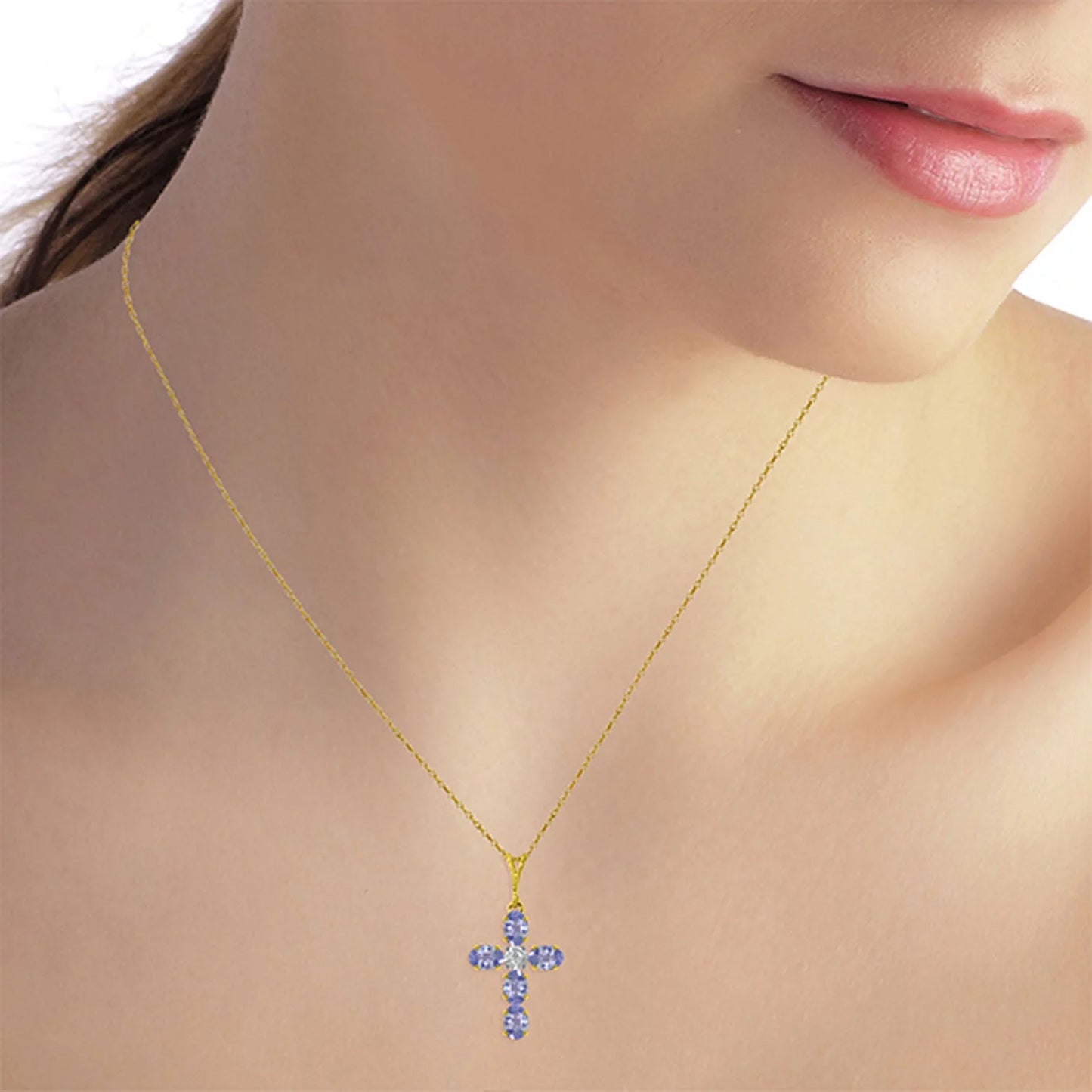 1.75 CTW 14K Sizeolid Gold Cross Necklace Natural Diamond Tanzanite