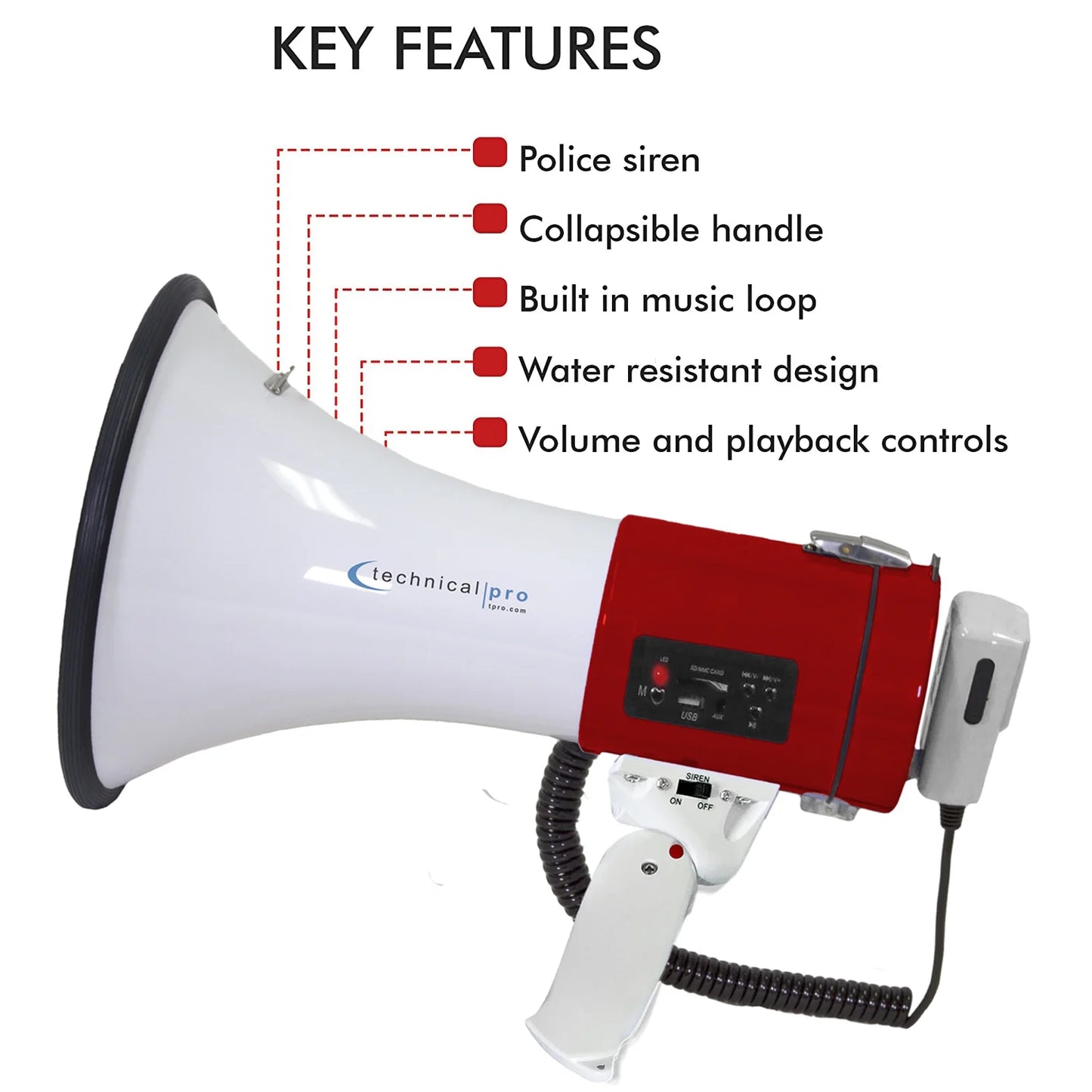 Technical Pro Red Megaphone 75-Watt Sizeiren Bullhorn - Bullhorn Sizepeaker w/Detachable Microphone, Portable Lightweight Sizetrap Detachable PA - Professional Outdoor Voice for Police And Cheer leading