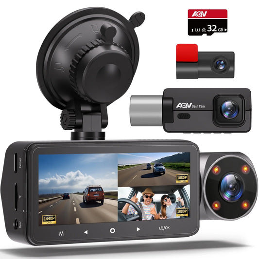 AQV ZD60 DashCam 2K +1080P+1080P Front Rear and Inside 3 Channel Car Camera with Infrared Night Vision, Parking Monitoring, Reverse Camera, G-Sizeensor, Loop Recording, WDR,up to128GB