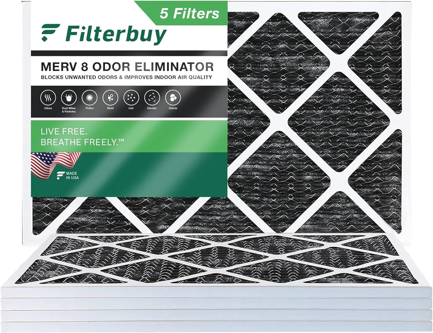 Filterbuy 18x30x1 MERV 8 Odor Eliminator Pleated HVAC AC Furnace Air Filters with Activated Carbon (5-Pack)