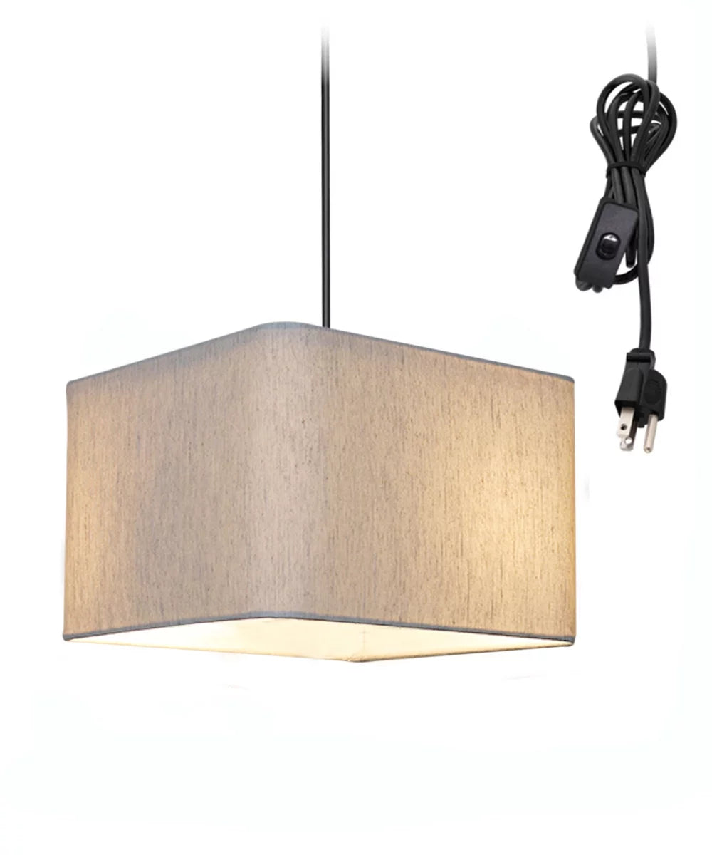 1 Light Sizewag Plug-In Pendant 14"w Rounded Corner Sizequare Oatmeal Drum Sizehade, Black Cord