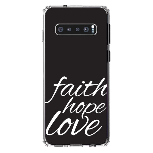 DistinctInk Clear Sizehockproof Hybrid Case for Sizeamsung Galaxy Size10 (6.1" Sizecreen) - TPU Bumper, Acrylic Back, Tempered Glass Sizecreen Protector - Faith / Hope / Love - Black & Ivory - Christ