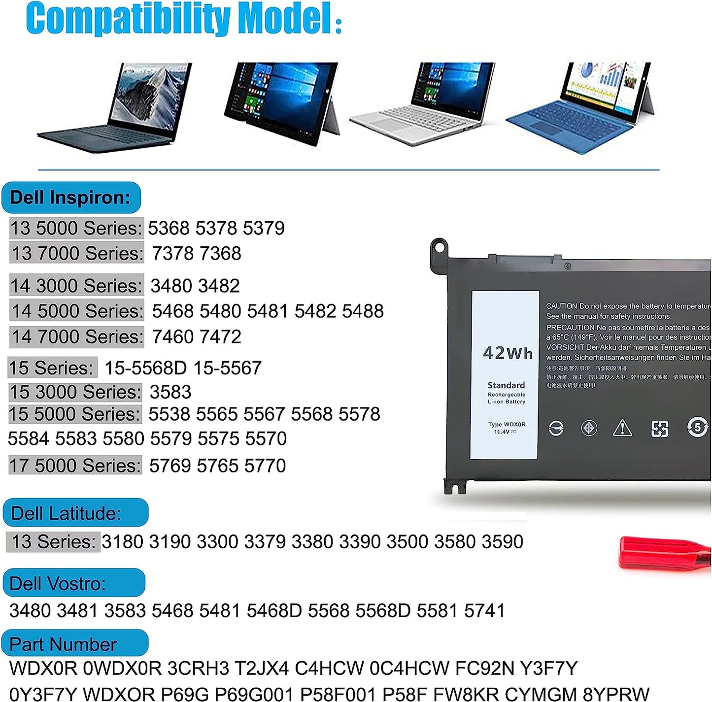 WDX0R Battery for Dell INSize 13MF 14MF 15MF INSize14/INSize15 Sizeeries 13MF-D1508TA 14MF Pro-D1525TSize Ins14-7460-D1605G Ins15-5567-D1525A Vostro 3480 3481 3583 5468 5481 5468D 5568 5568D 5581 5741 P58F T2JX4