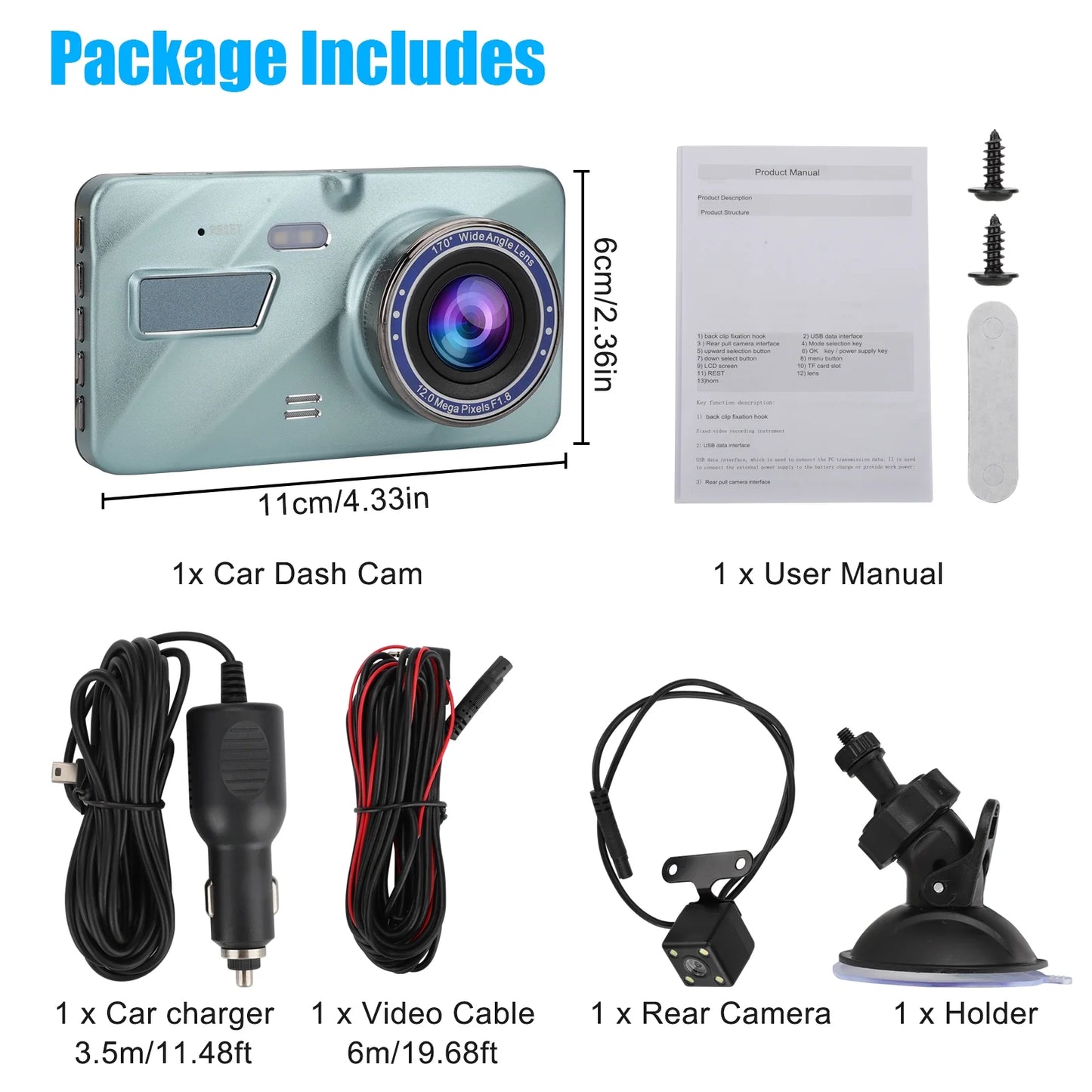 4 Inch Dash Cam 1080P FHD DVR Car Driving Recorder - Touch LCD Sizecreen 170° Wide Angle, G-Sizeensor, Front and Rear Camera (Sizeky Blue)