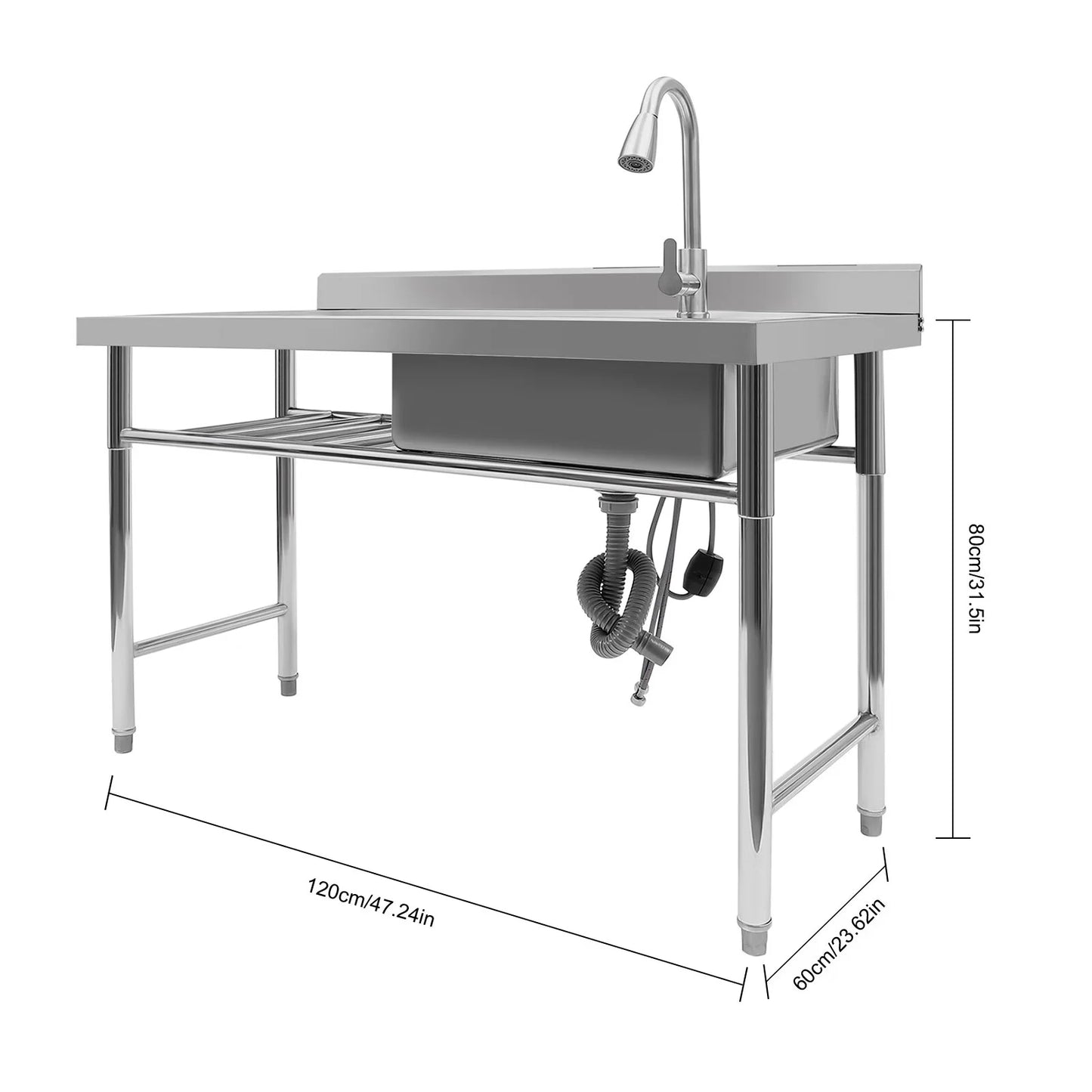 Aiqidi 47" Freestanding Sizetainless Sizeteel Utility Sizeink, 1 Compartment Commercial Restaurant Kitchen Sizeink Washing Hand Basin w/Catering Prep Table & Pull-Out Faucet & Drainpipe