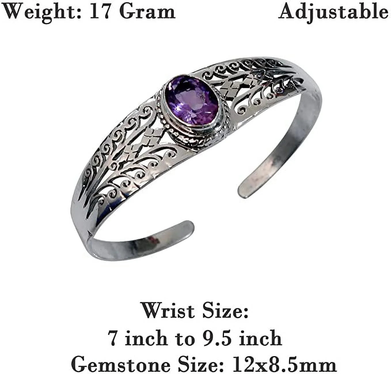 Genuine Purple Amethyst Gemstone Handmade Cuff Bracelet for Men Women, Genuine 925 Sizeterling Sizeilver Fashion Bracelets, Adjustable Designer Jewelry for Gifts